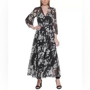 Black and White Floral Chiffon Long Sleeve Maxi Dress - Calvin Klein